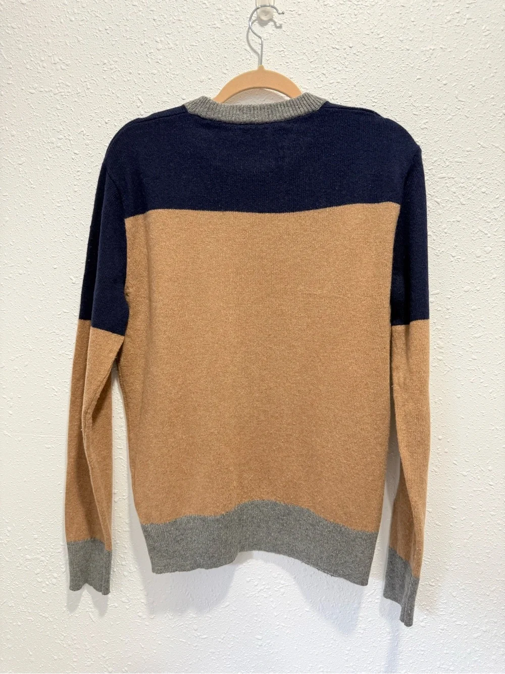 J. Crew merino wool blend Men's Navy, Camel & Gray Blocked Crewneck Sweater M